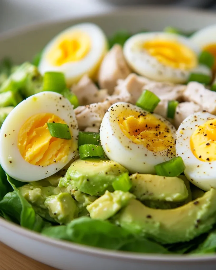 Avocado Chicken Egg Salad Delicious Avocado Chicken Egg Salad in a bowl with fresh ingredients