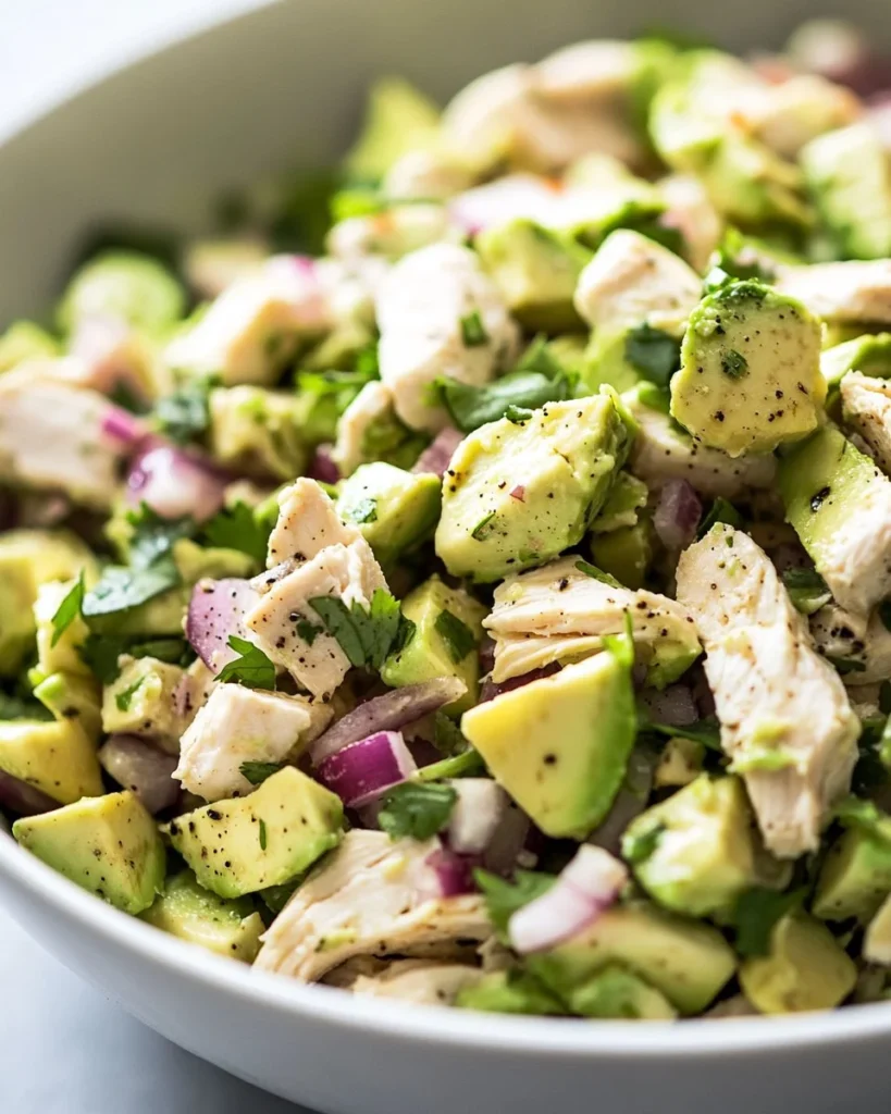 Avocado Chicken Salad Healthy avocado chicken salad served in a bowl with fresh ingredients