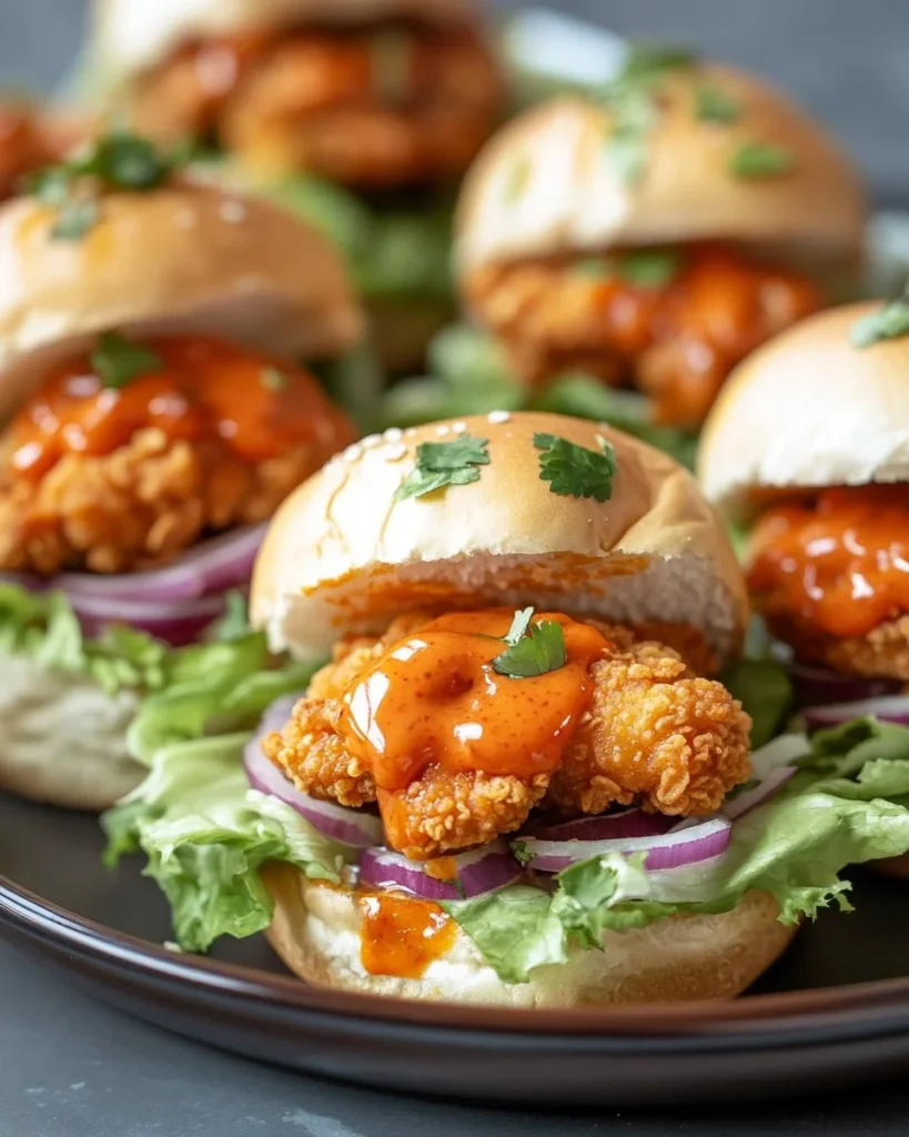 Bang Bang Chicken Sliders Recipe Bang Bang Chicken Sliders served on a platter with sauces and garnishes