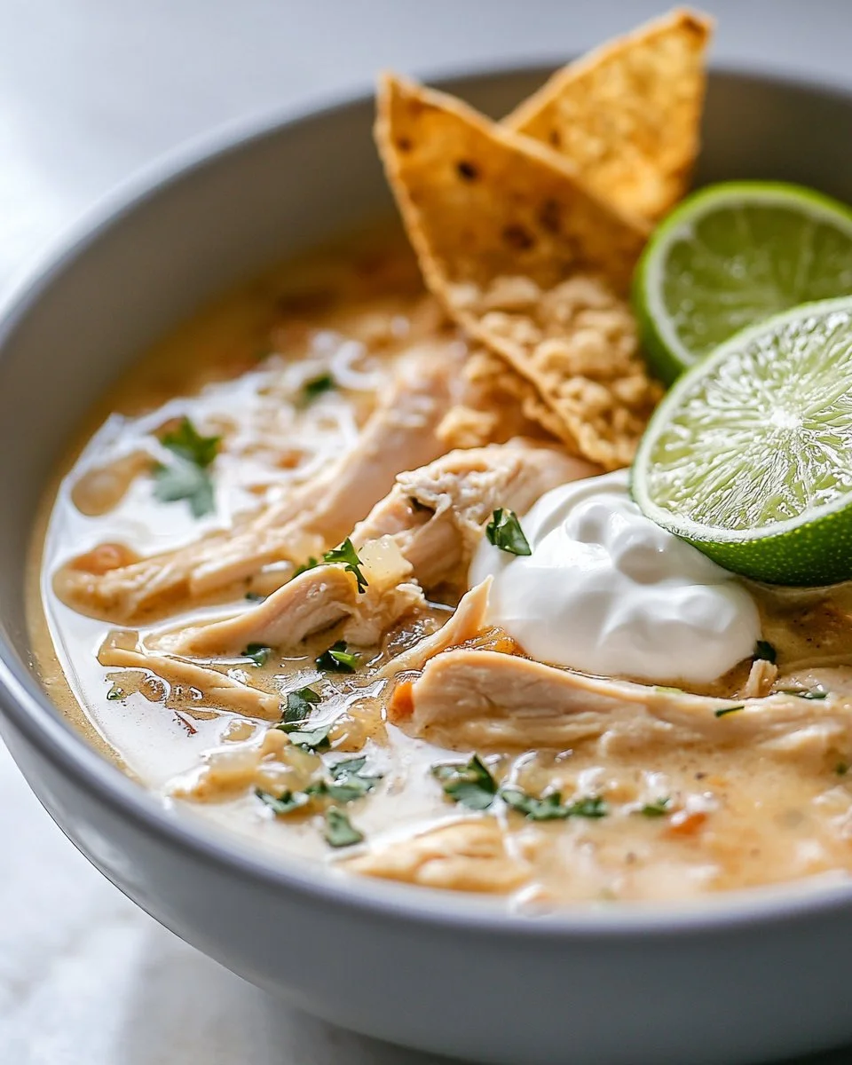 Bowl of Carnivore White Chicken Chili garnished with herbs and served hot