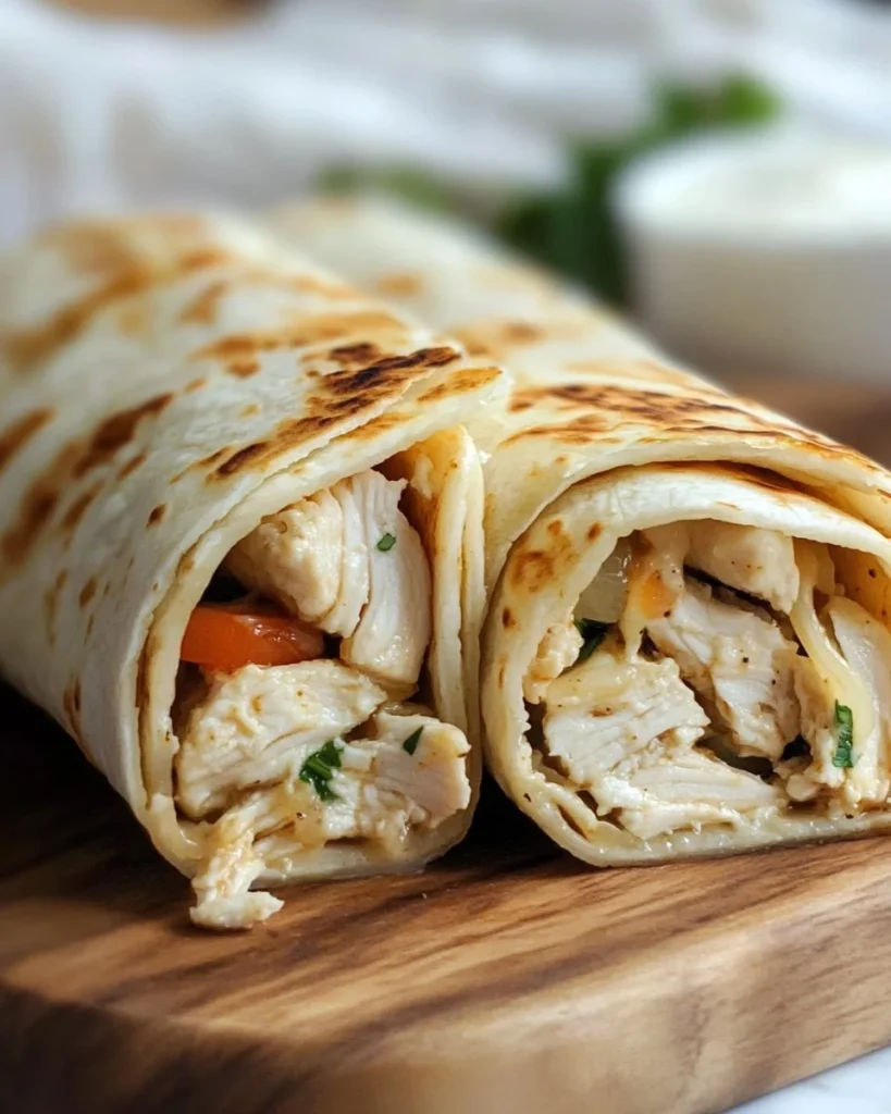 Delicious cheesy garlic chicken wraps with fresh ingredients and melted cheese
