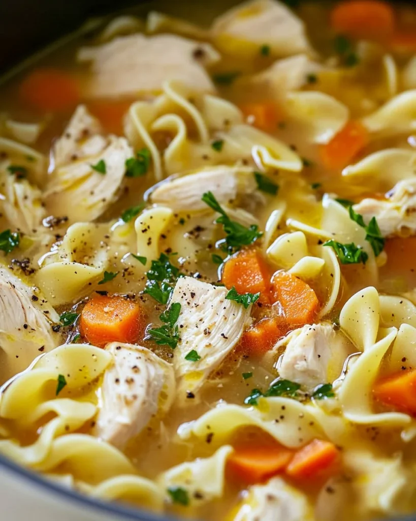 Chicken Noodle Soup Bowl of homemade chicken noodle soup with vegetables and herbs