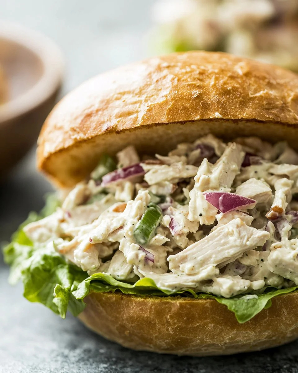 Delicious chicken salad sandwich on a plate with fresh ingredients