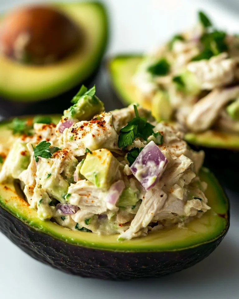 Delicious chicken salad stuffed in ripe avocado halves, plated beautifully.