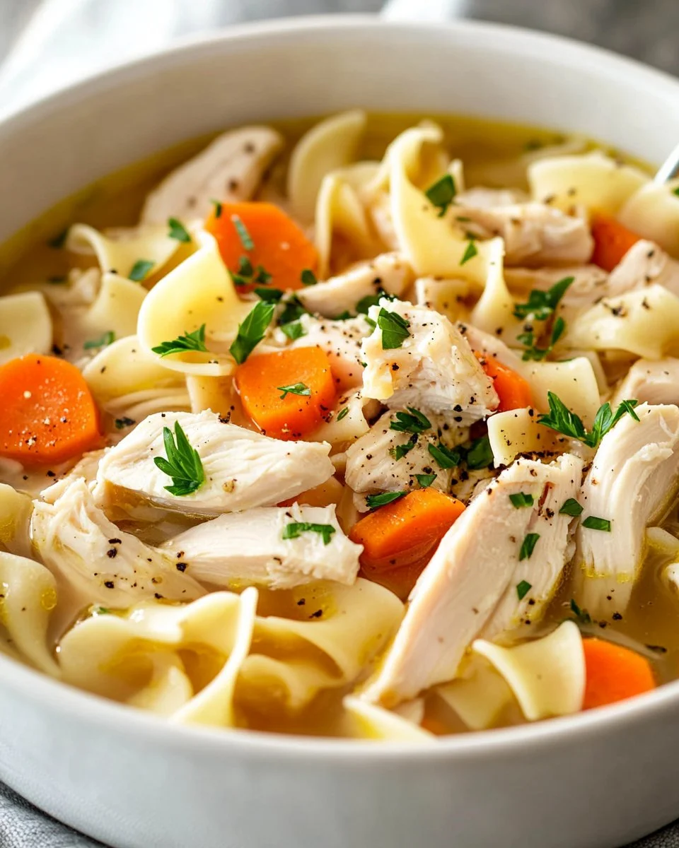 Bowl of classic chicken noodle soup with fresh herbs and vegetables