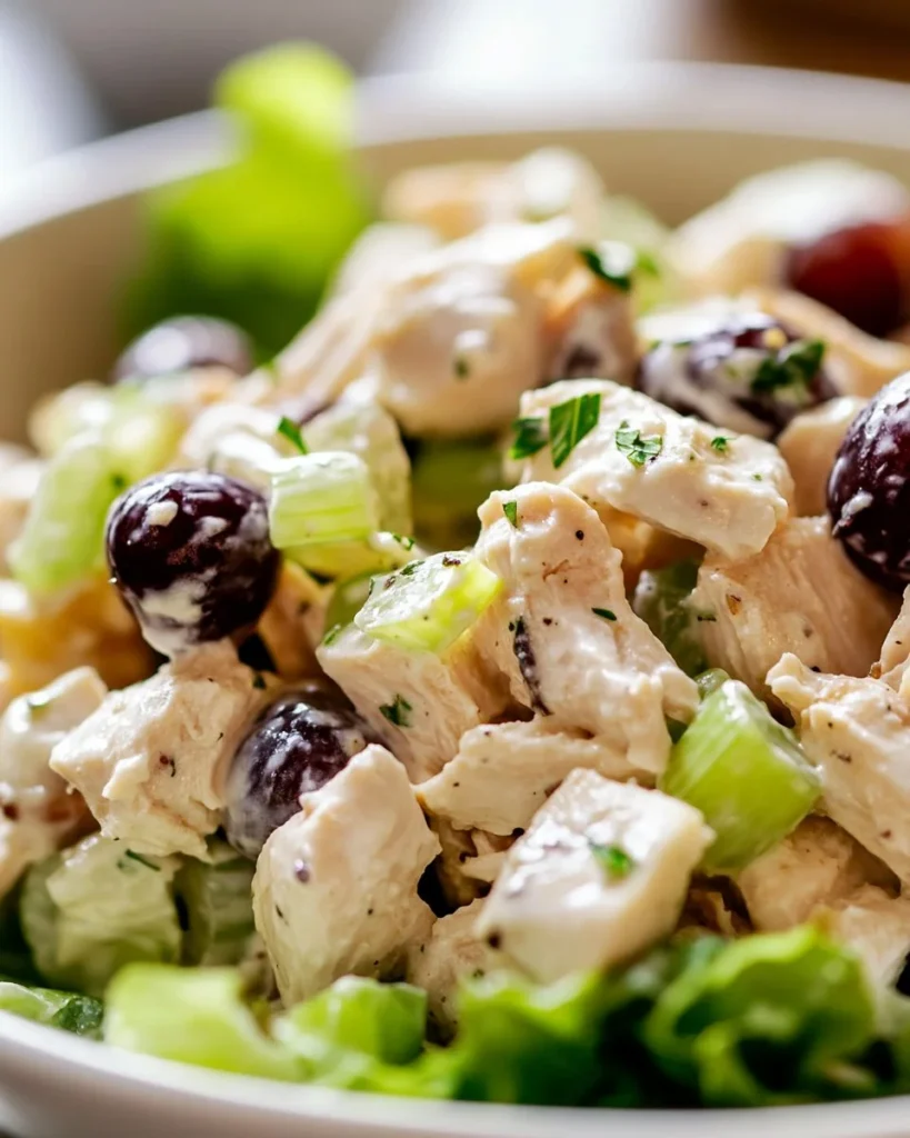 Classic Chicken Salad Classic chicken salad served in a bowl with fresh vegetables and herbs