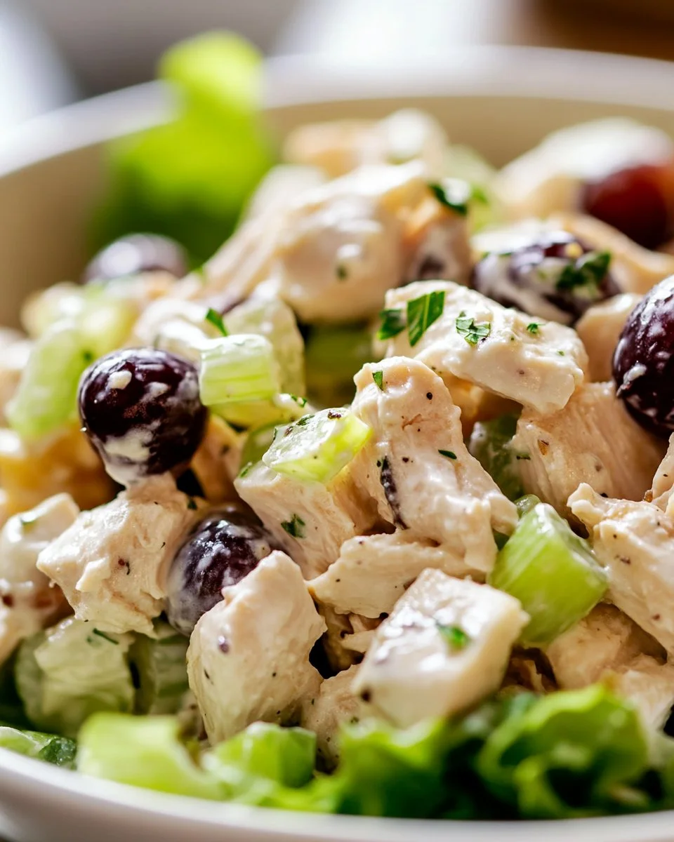 Classic chicken salad served in a bowl with fresh vegetables and herbs