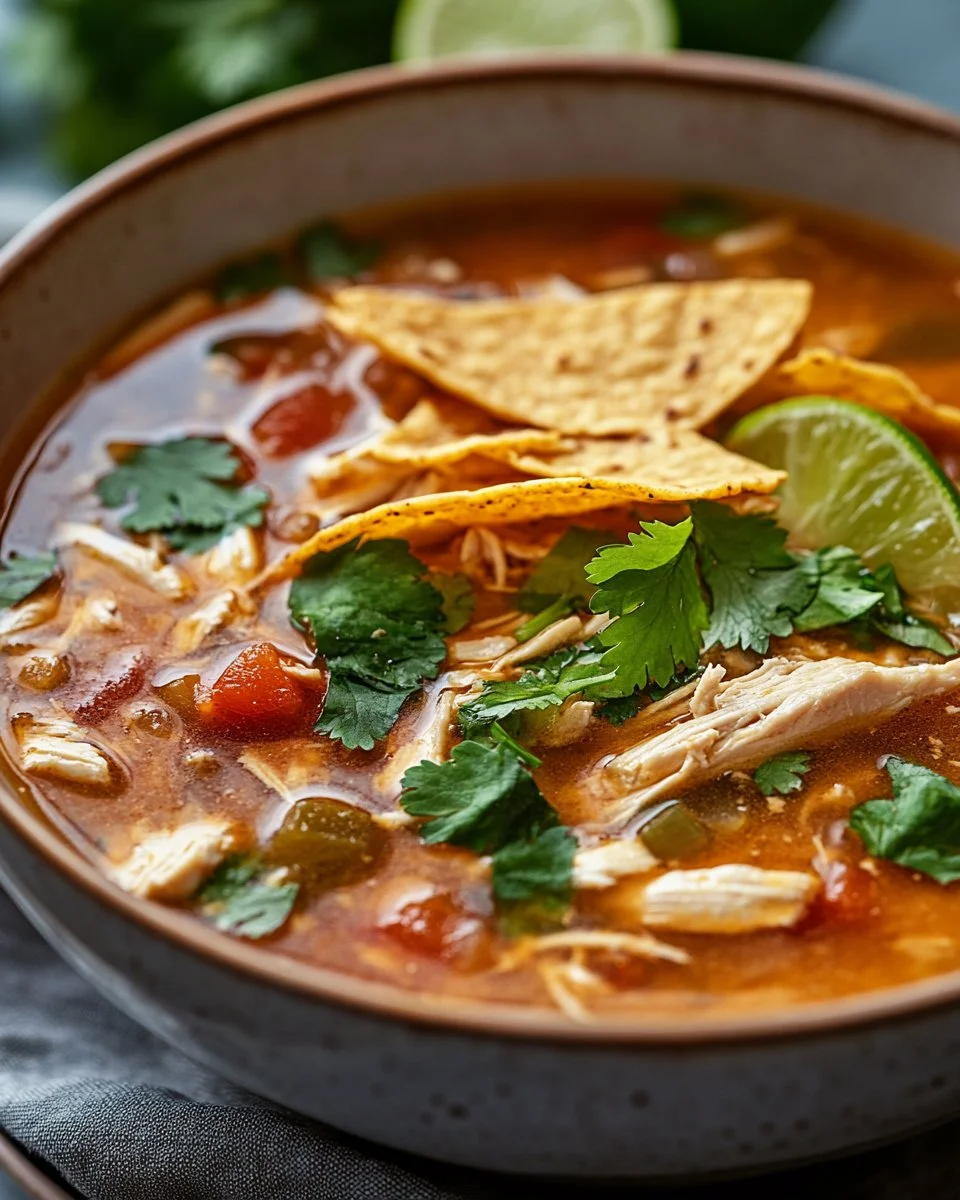 Bowl of classic chicken tortilla soup with crispy tortilla strips and garnishes