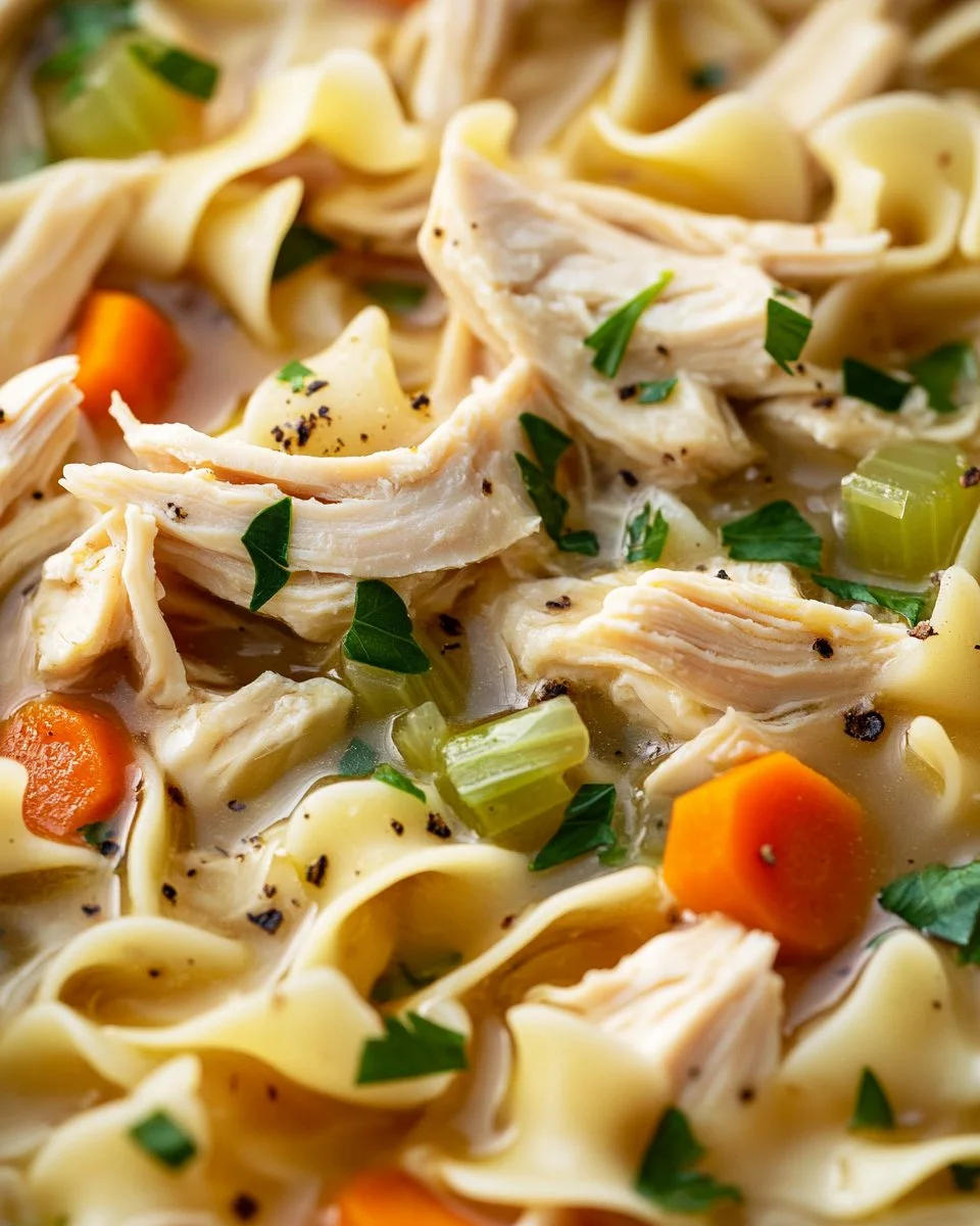 Bowl of Classic Ginger Garlic Chicken Noodle Soup with fresh herbs and noodles