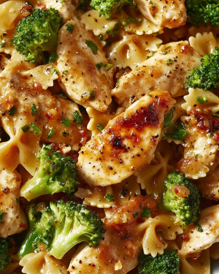 Cowboy Butter Lemon Bowtie Chicken with Broccoli served on a plate