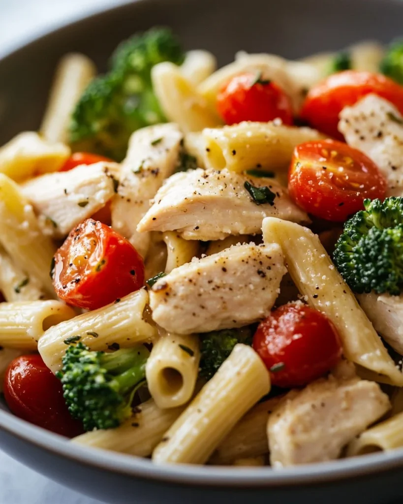 Creamy Chicken Pasta A plate of creamy chicken pasta with vegetables and herbs garnished on top.