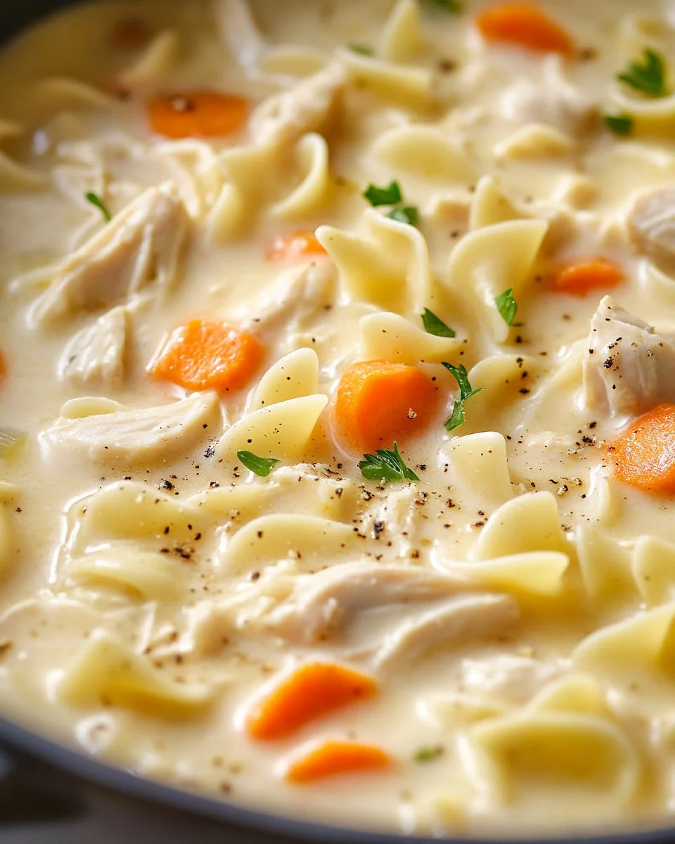 Creamy chicken soup served in a bowl with fresh herbs and vegetables