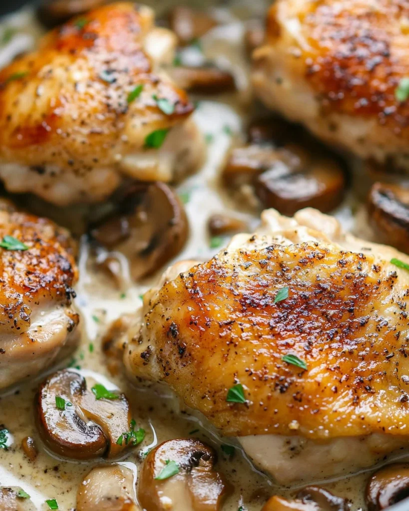 Creamy Garlic Mushroom Chicken Thighs Creamy garlic mushroom chicken thighs served on a plate with fresh herbs