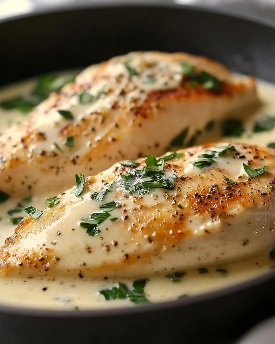 Creamy garlic parmesan chicken breast plated with herbs and garnishes
