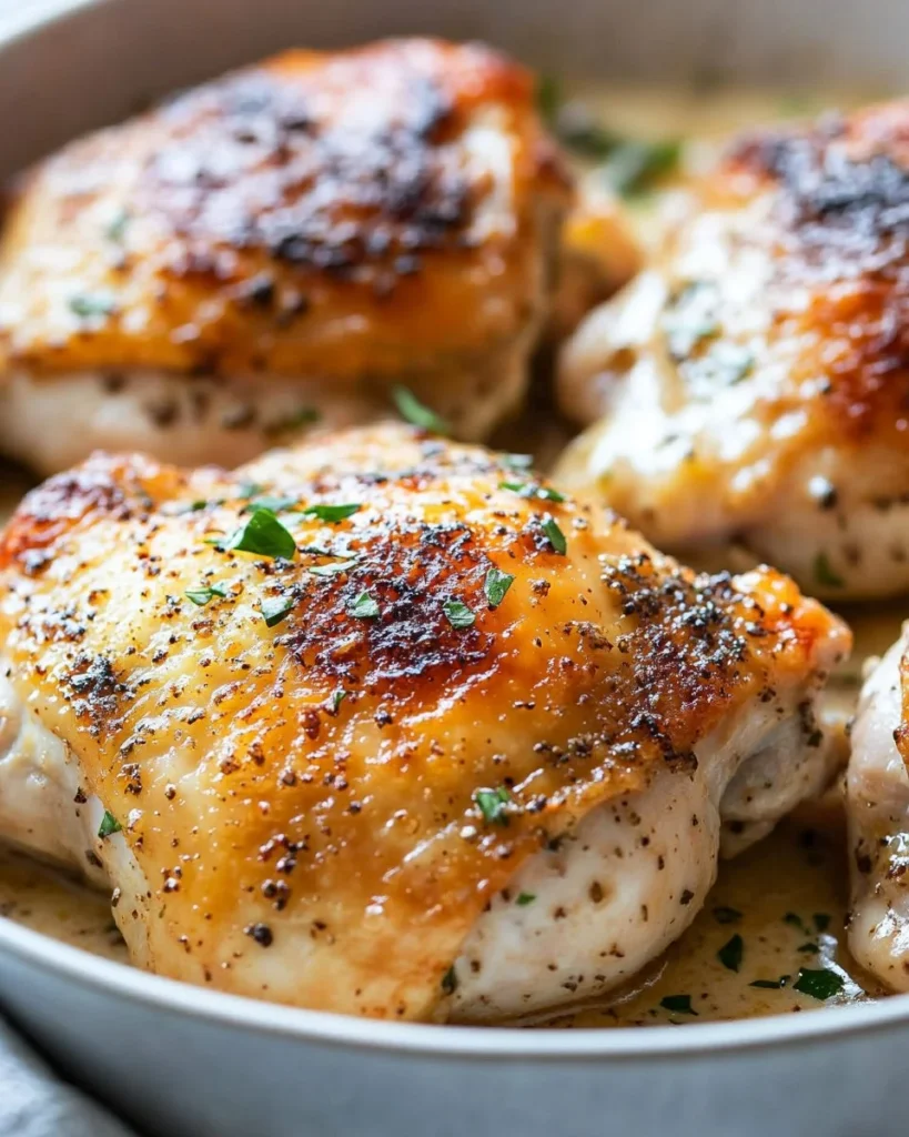 Creamy oven baked chicken thighs dish served with vegetables