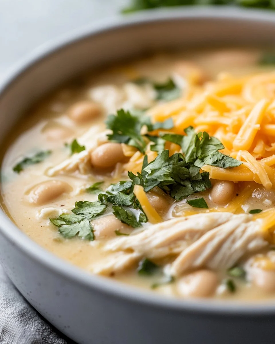 Creamy white chicken chili in a bowl, garnished with cilantro and cheese