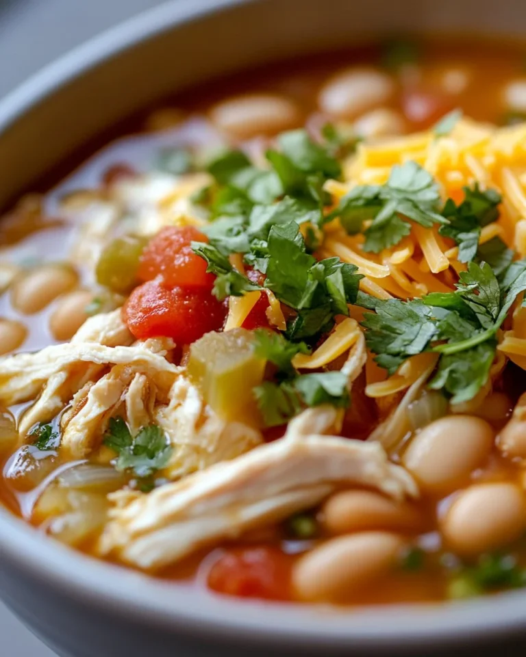 Crockpot white chicken chili served in a bowl with toppings