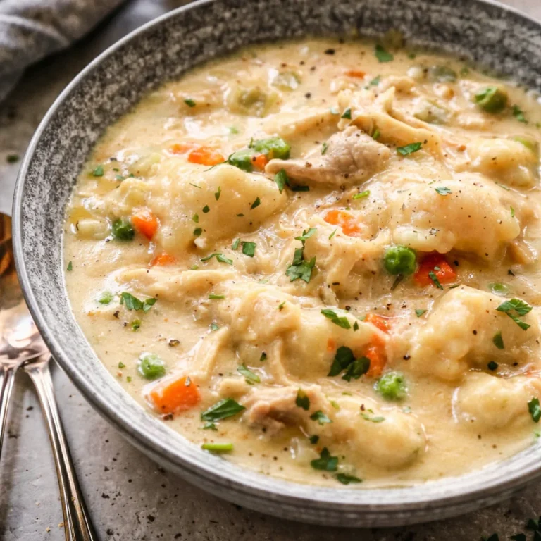 Delicious chicken and dumplings in a bowl with herbs and vegetables