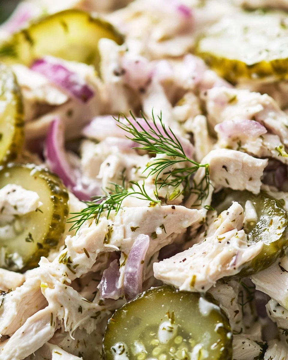 Bowl of Dill Pickle Chicken Salad with diced chicken and pickles