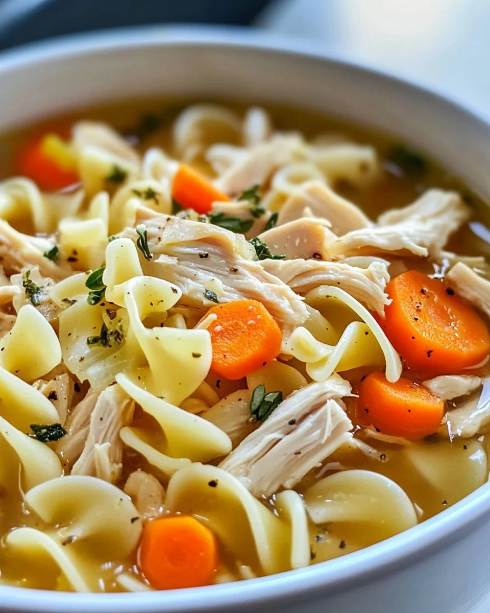 Bowl of comforting chicken noodle soup made with leftover rotisserie chicken
