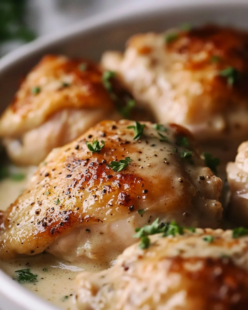 Delicious easy crockpot chicken thighs served with creamy gravy