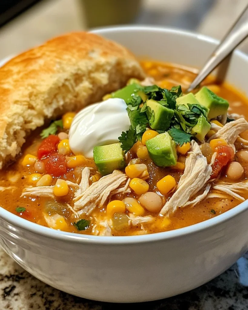 Bowl of easy crockpot white chicken chili soup with toppings.