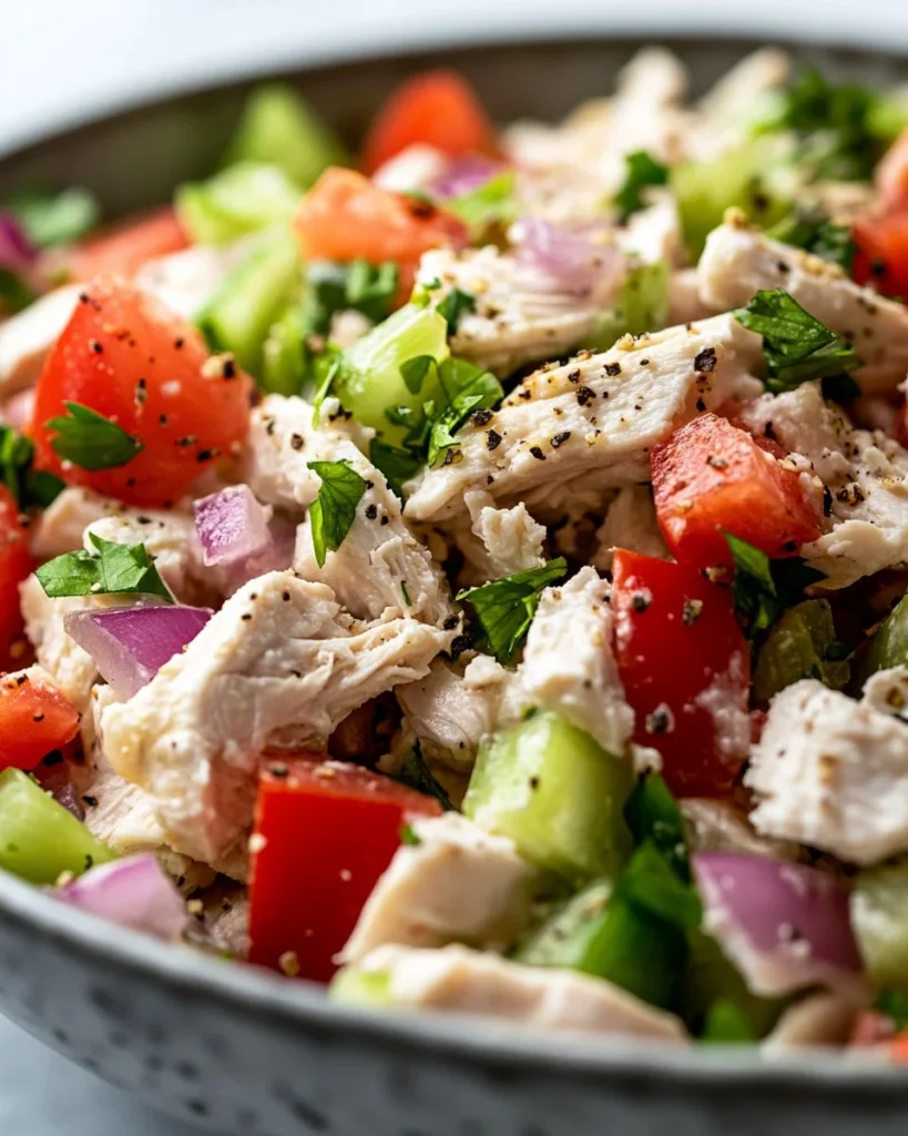 Easy High Protein Feta Chicken Salad High protein feta chicken salad garnished with fresh herbs and vegetables.