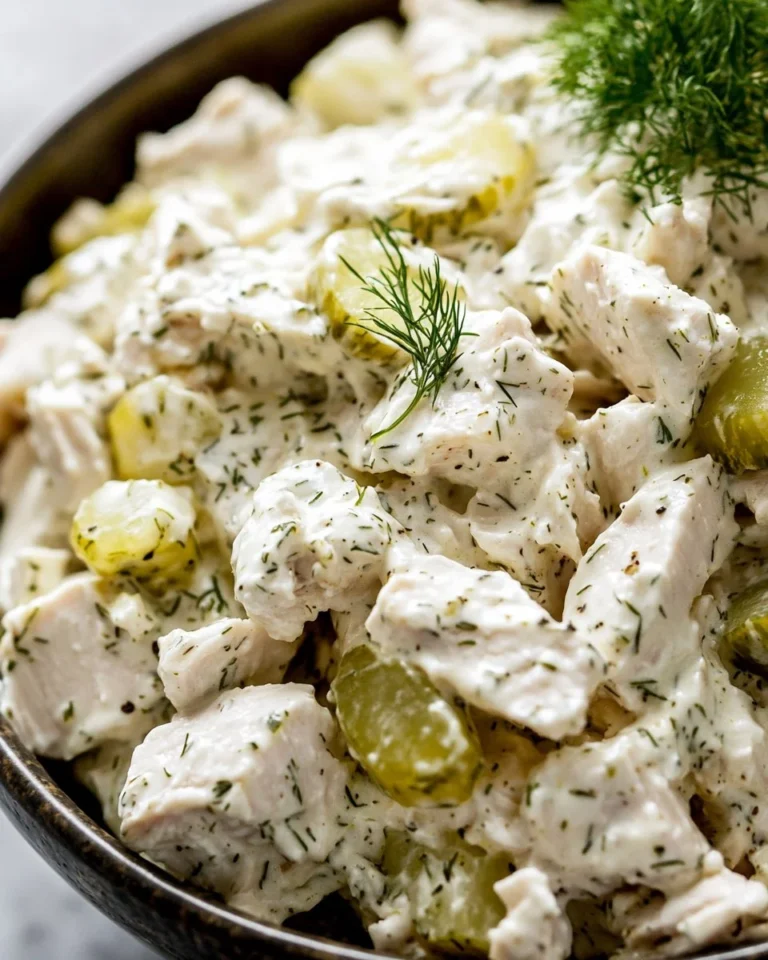 Flavored dill pickle chicken salad served in a bowl with fresh vegetables