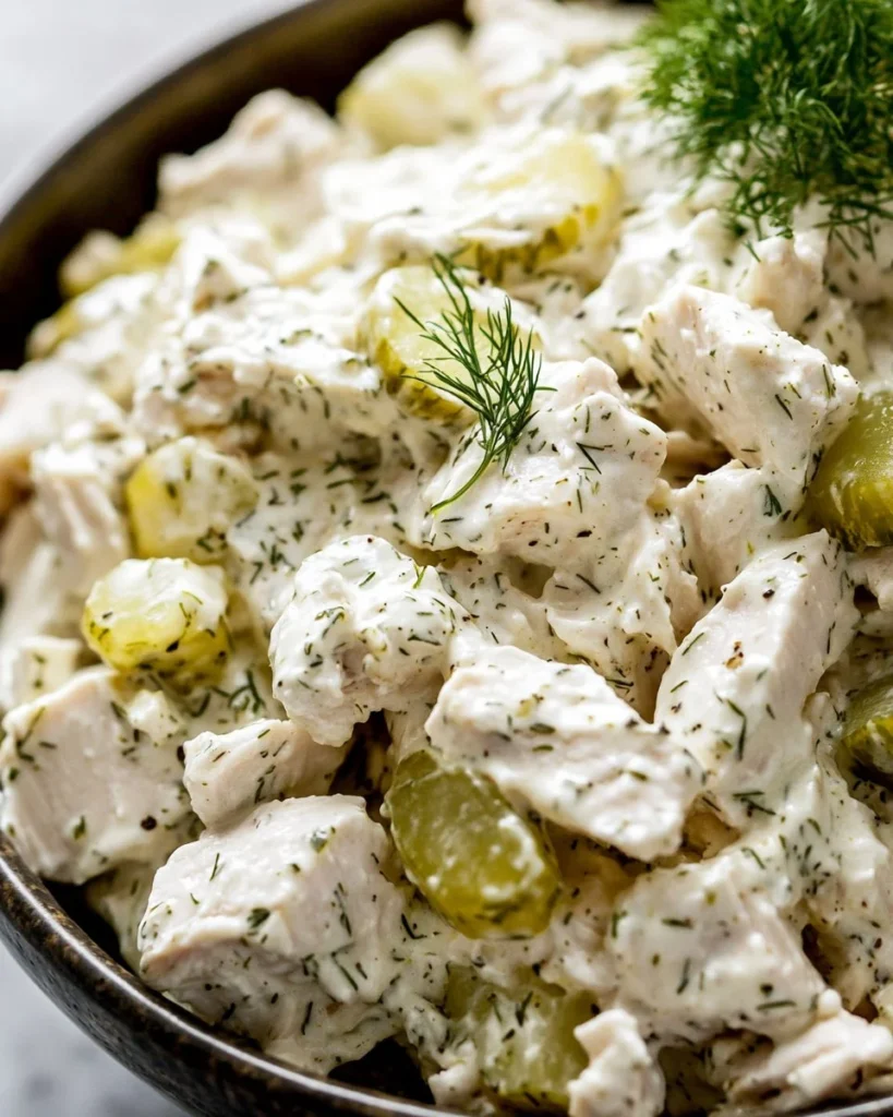 Flavored Dill Pickle Chicken Salad Flavored dill pickle chicken salad served in a bowl with fresh vegetables