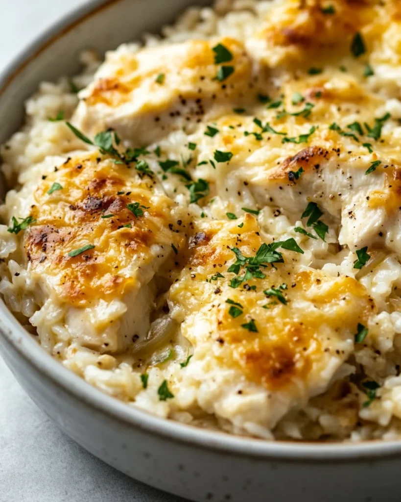French Onion Chicken Rice Bake Baked French onion chicken served with rice and topped with cheese