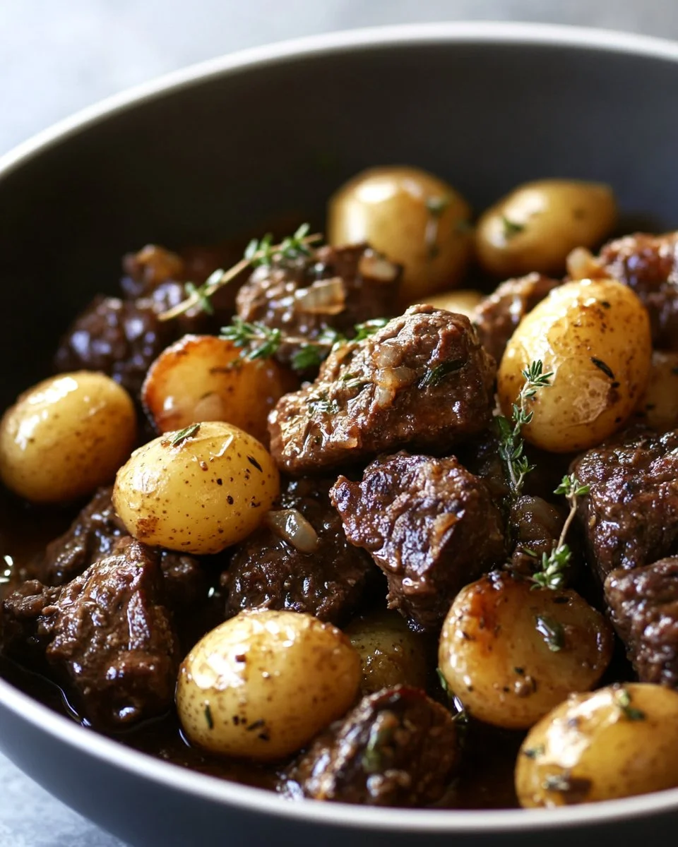 Garlic Butter Beef Bites served with tender potatoes on a plate.