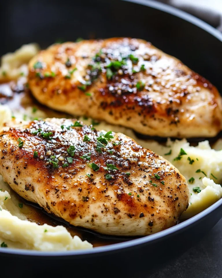 Deliciously plated Garlic Herb Chicken garnished with fresh herbs.