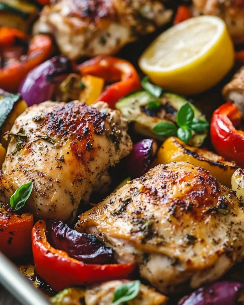Greek Sheet Pan Chicken with vegetables on a baking sheet