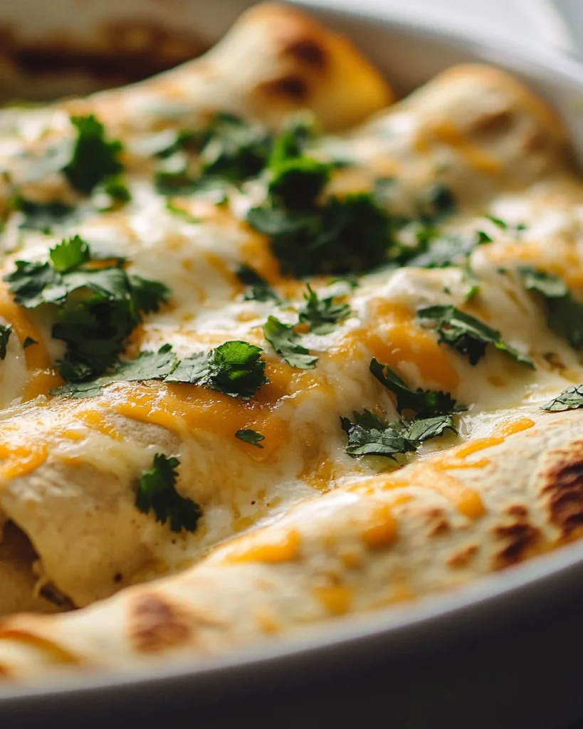 Delicious Green Chicken Enchiladas garnished with fresh cilantro and green sauce