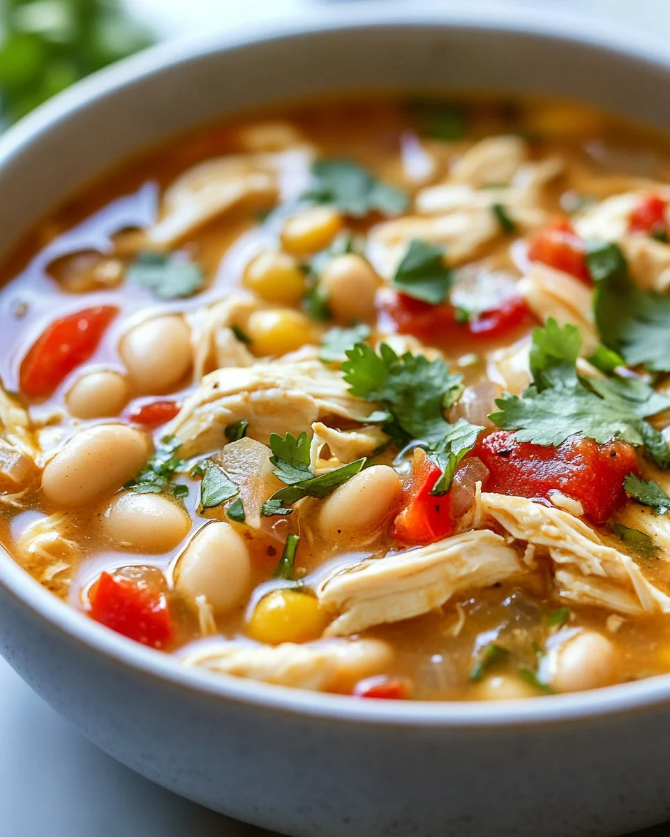 Bowl of healthy white chicken chili garnished with cilantro and lime