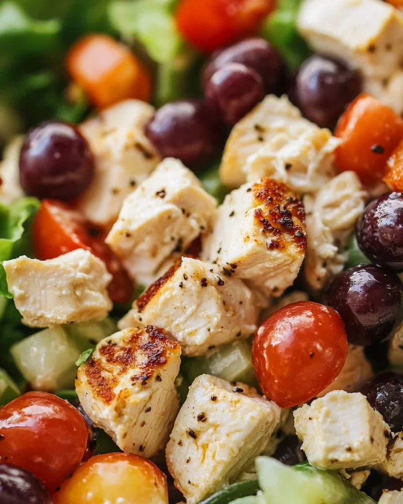 High protein cottage cheese chicken salad served in a bowl with fresh vegetables