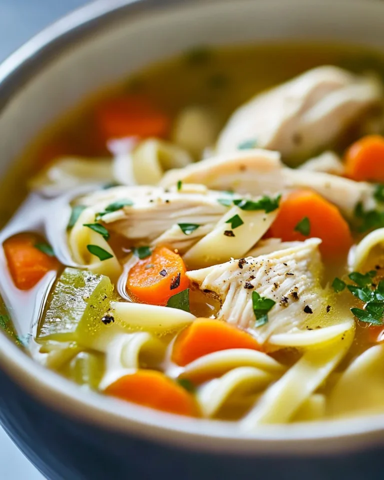 Bowl of homemade chicken noodle soup with fresh ingredients and herbs