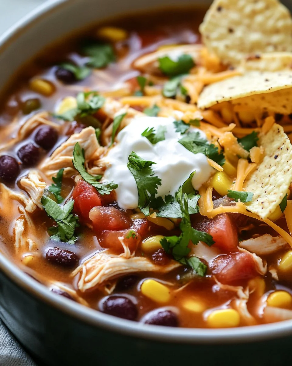 Bowl of Homemade Crockpot Chicken Tortilla Soup with toppings