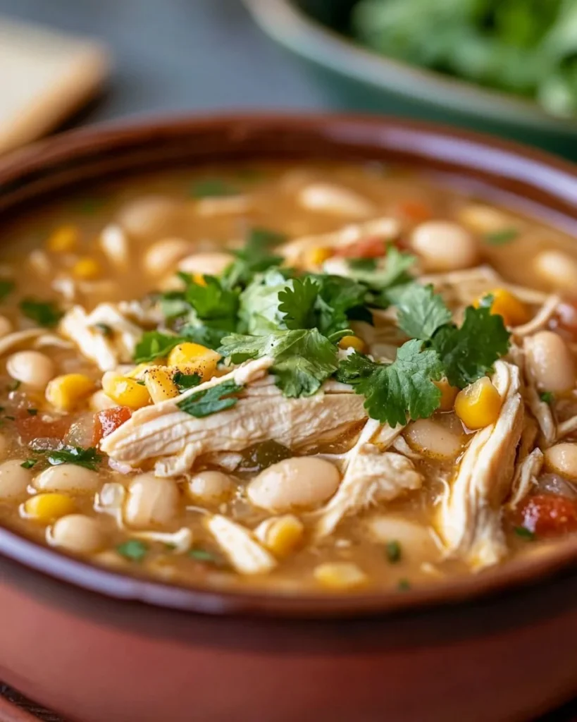 Delicious bowl of Instant Pot white chicken chili topped with cilantro and lime.