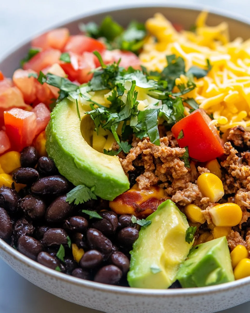 Delicious loaded potato taco bowl topped with fresh ingredients.