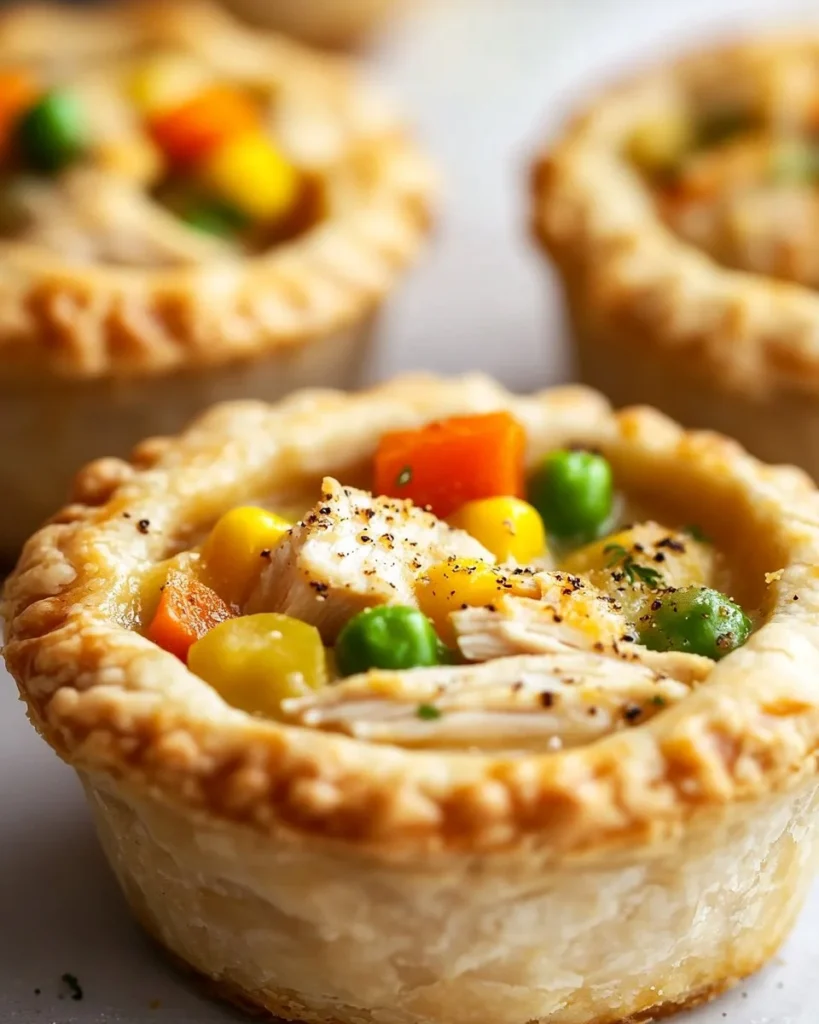 Mini Chicken Pot Pies Delicious mini chicken pot pies on a rustic wooden table.