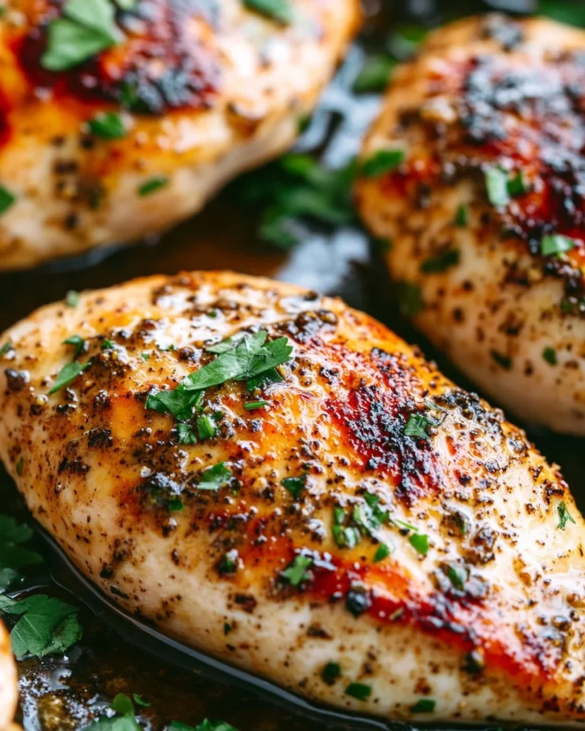 Oven Baked Chicken Breast Juicy oven baked chicken breast ready to serve with herbs and spices.
