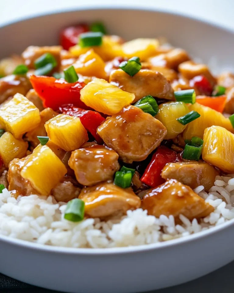 Delicious Pineapple Chicken served over fluffy rice