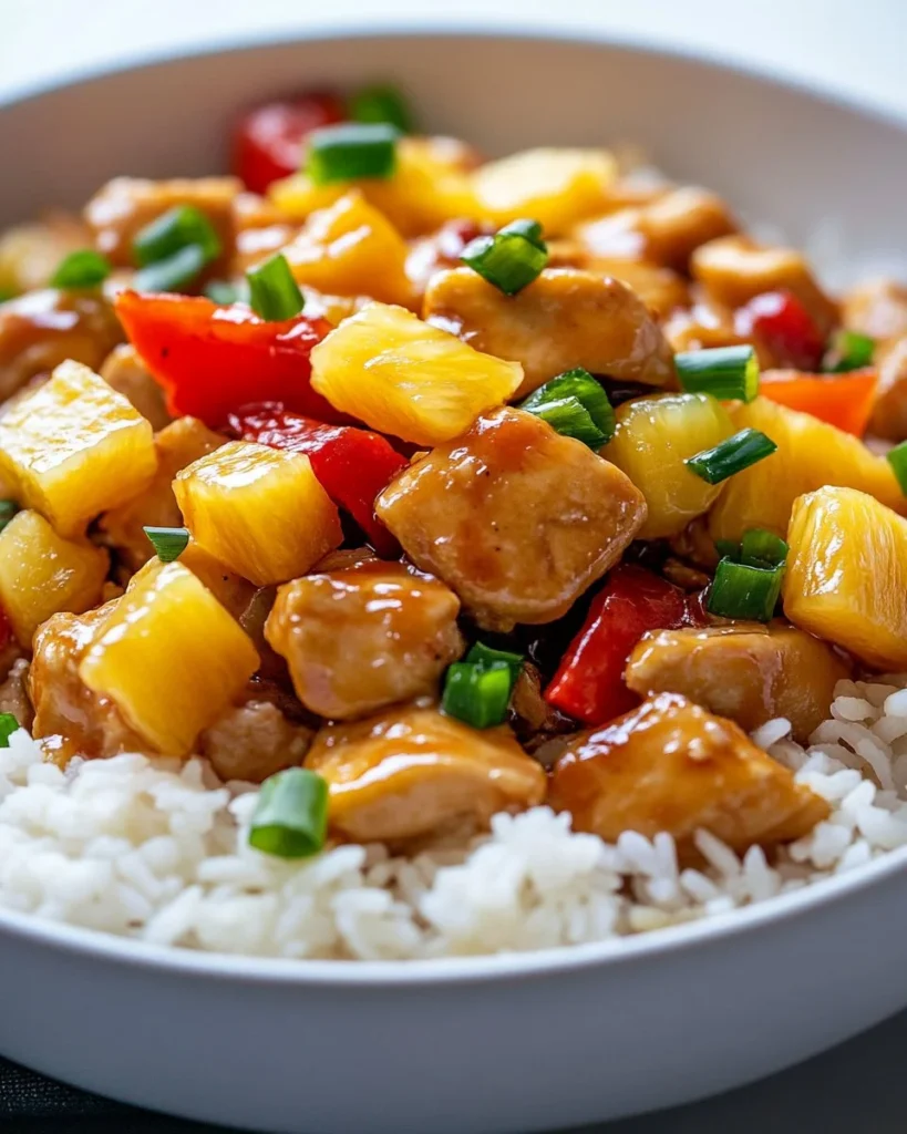Pineapple Chicken and Rice Delicious Pineapple Chicken served over fluffy rice