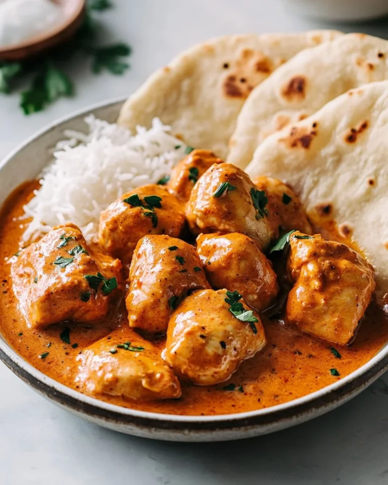 Delicious homemade butter chicken served with rice and naan