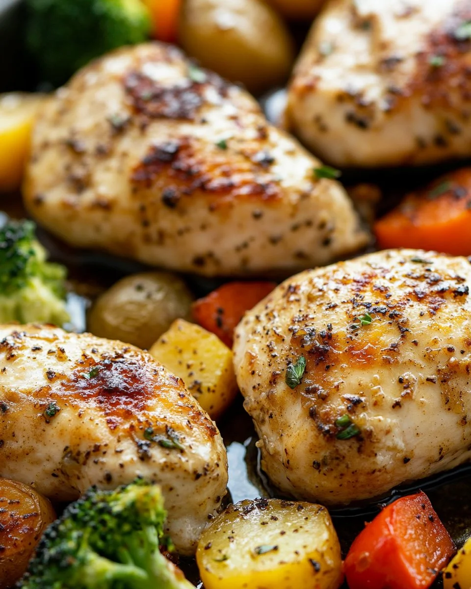 Sheet pan garlic butter chicken with colorful veggies ready to serve.