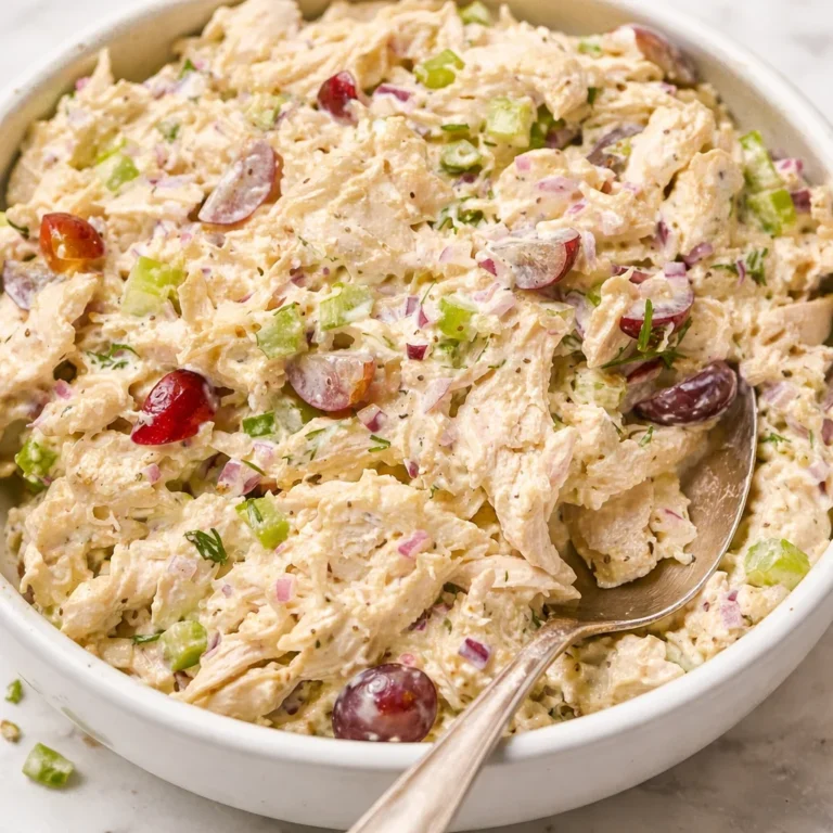 Classic chicken salad with shredded chicken, mayonnaise, celery, and onions in a bowl.