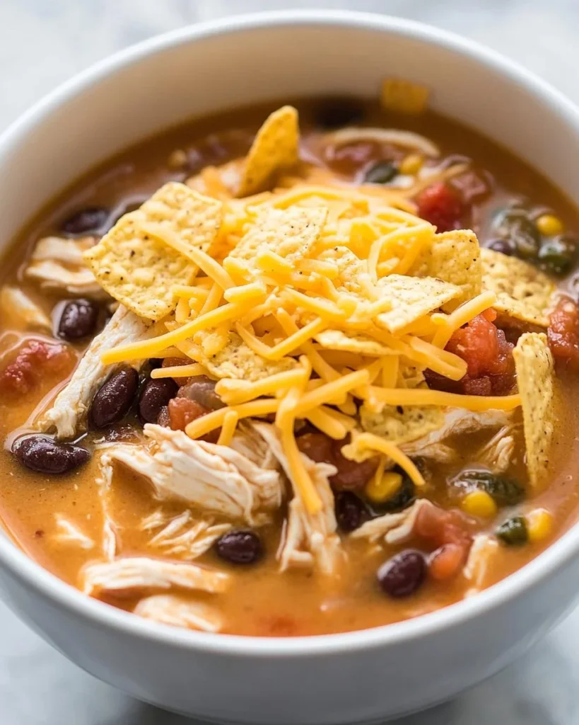 Bowl of Slow Cooker Cheesy Chicken Chili topped with cheese and herbs