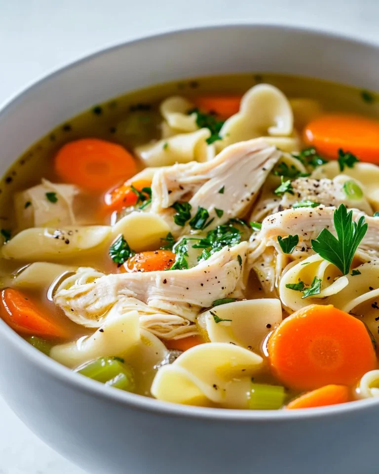 Bowl of slow cooker chicken noodle soup with noodles, vegetables, and spices.