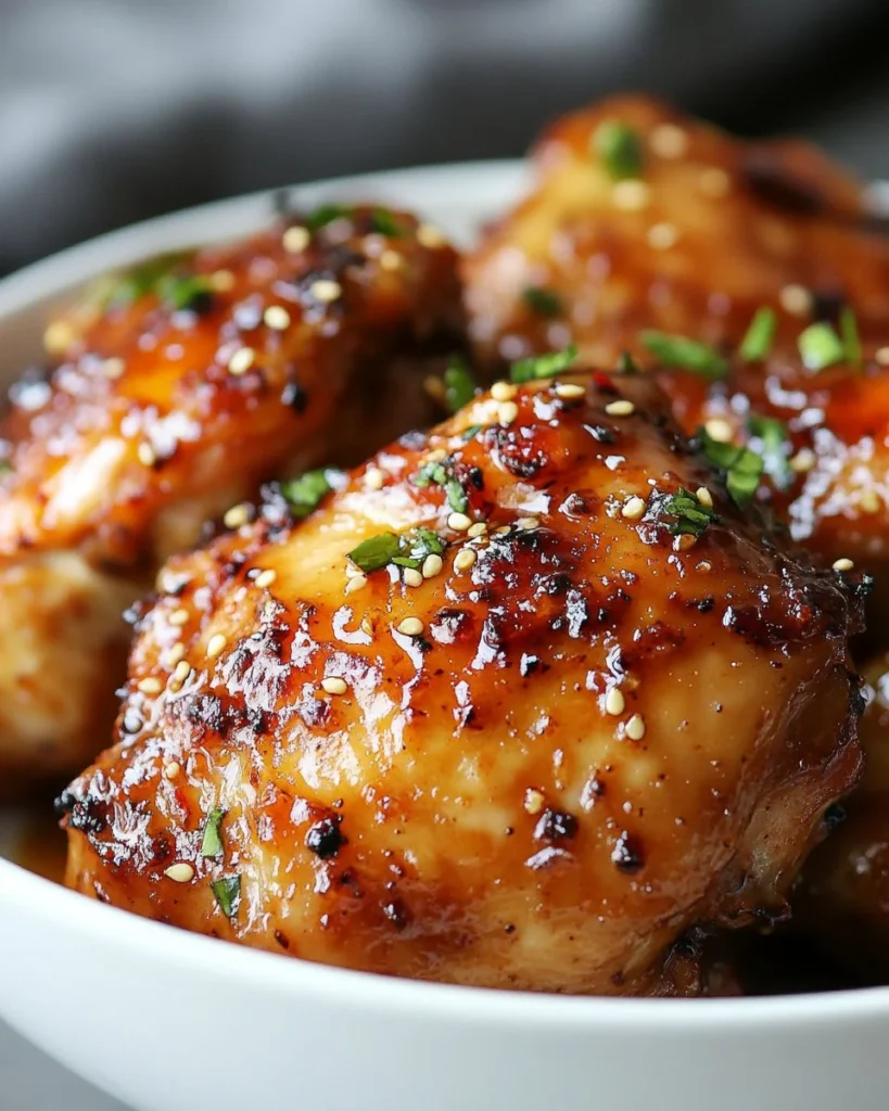 Sweet Chili Glazed Chicken Thighs Sweet chili glazed chicken thighs with vibrant sauce and garnishes